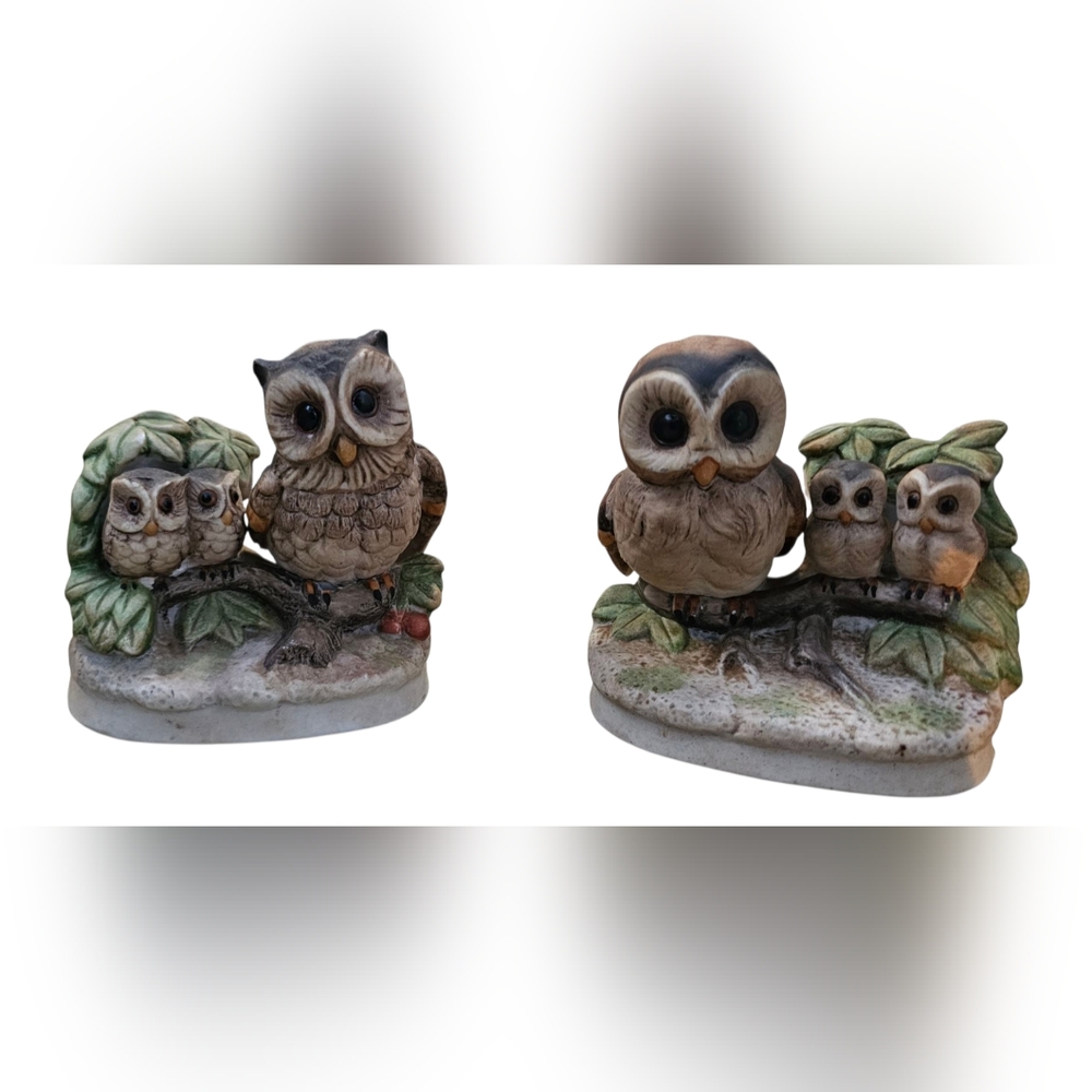 Vintage Homco Lot of 2 Family of Ceramic Owl Sculptures 1970's Retro Vibes
